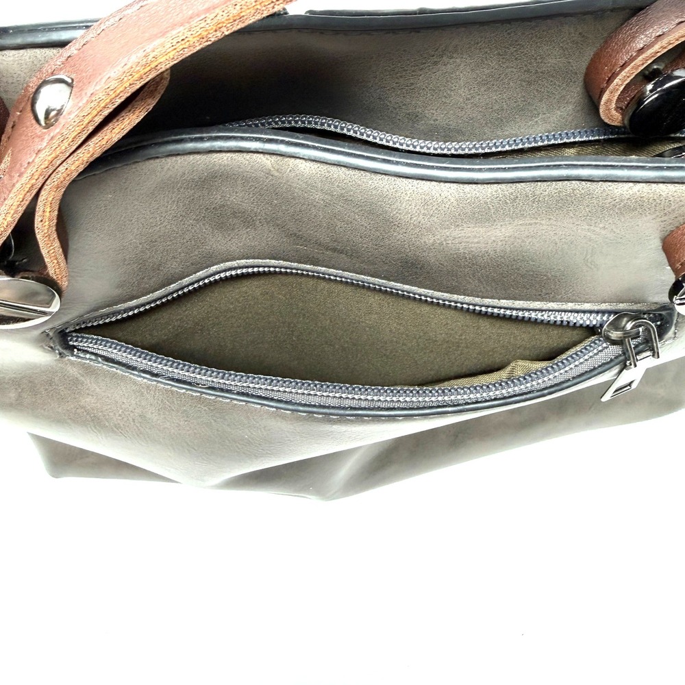Gray Leather Tote Bag Brown Strap Large Zip Pocket Shoulder Bag - Picture 10 of 15